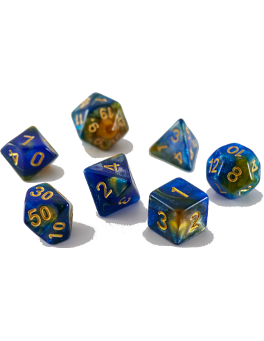 Jeu de 7 Dés Polyédriques bicolores Ocre et Bleu Marine